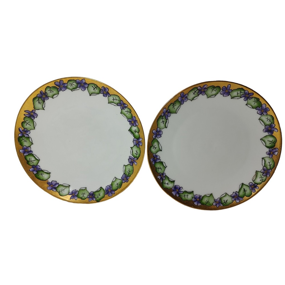 Antique PT Tirschenreuth‎ Dessert Plates Bavaria Violet Gold Trim Signed Set Two